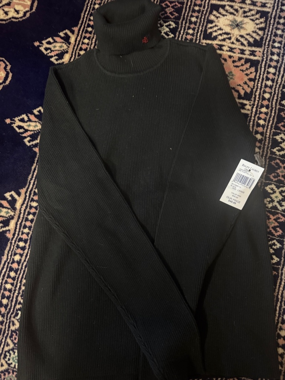 Ralph Lauren Black Ribbed Turtleneck Sweater with Small Red Logo